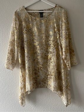 Travelers Collection by Chico’s Women's Metallic Gold Floral Sheer Tunic Top